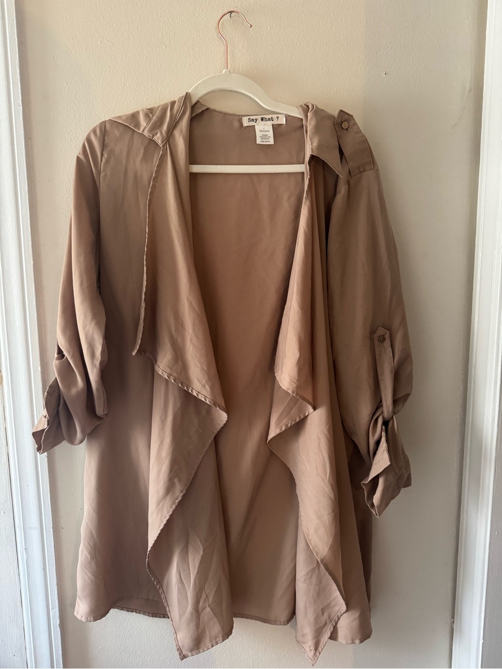 Say What? Taupe Open-Front Draped Trench Jacket